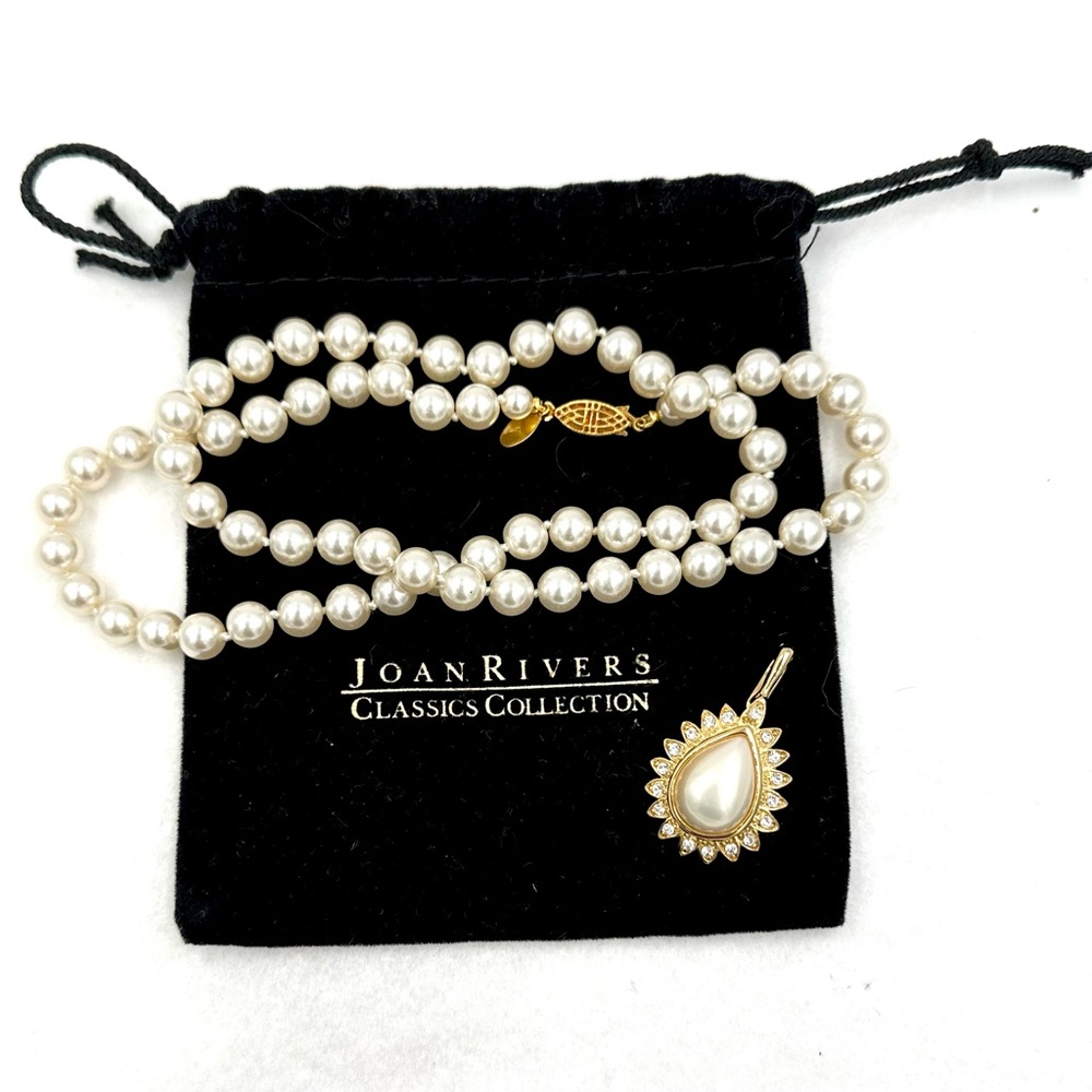 Vintage Joan Rivers Faux Pearl Strand Necklace Rhinestone Enhancer Pendant